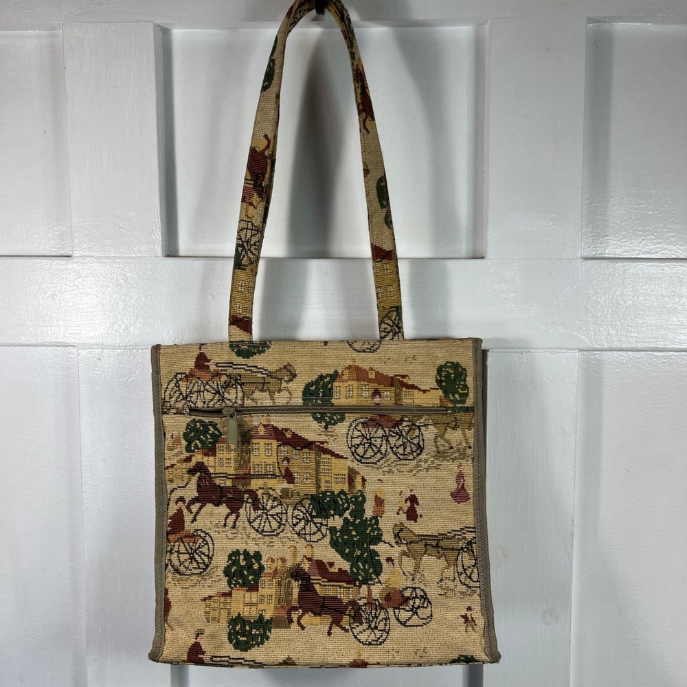Jade Woven Tapestry Tote Bag Colonial Village Scene Horse Carriage Tan Multi